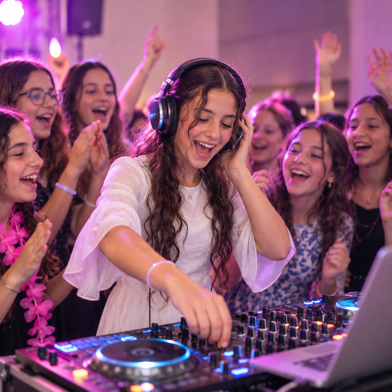 בת אל מישאל בעמדת ה-DJ מוקפת חברות שמחות באירוע בת מצווה